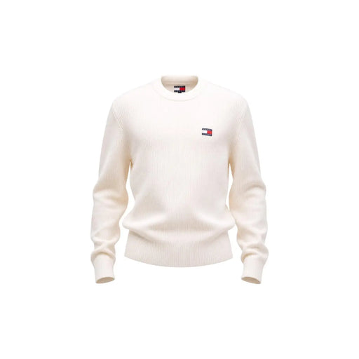 Cream-colored tommy hilfiger men knitwear round neck sweater in organic cotton with ribbed texture and small logo