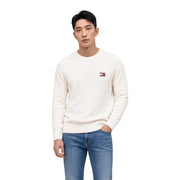 Cremefarbener Tommy Hilfiger Herren-Strickpullover mit Rundhalsausschnitt und kleinem, gesticktem Flaggenlogo aus Bio-Baumwolle