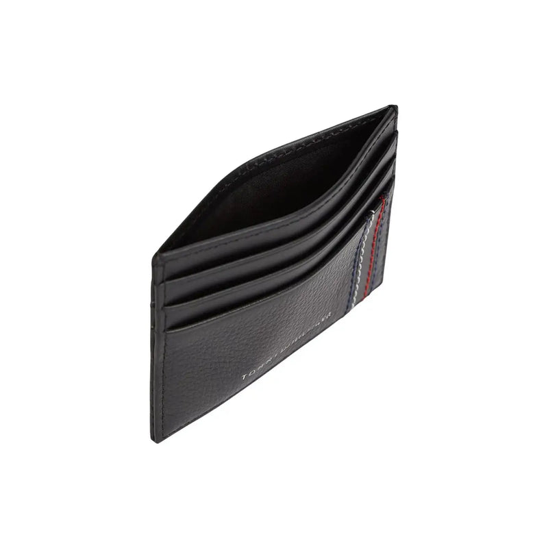 Tommy Hilfiger men wallet black leather card holder with red and white stitching along the edge
