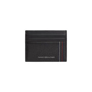 Tommy Hilfiger men wallet black textured leather card holder with subtle red and white stitching along the edge