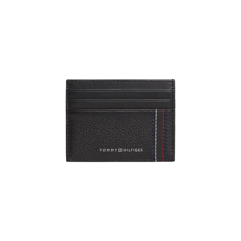 Tommy Hilfiger men wallet black textured leather card holder with subtle red and white stitching along the edge