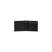 Black leather tommy hilfiger men wallet bifold with multiple card slots and central compartment for organization