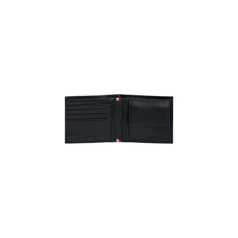 Black leather tommy hilfiger men wallet bifold with multiple card slots and central compartment for organization