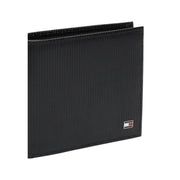 Tommy Hilfiger men wallet black textured leather with vertical grain and embroidered logo on lower right corner