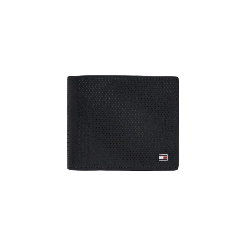 Schwarzes Portemonnaie aus perforiertem Leder mit kleinem Tommy Hilfiger Logo unten rechts für Herren 11x9cm