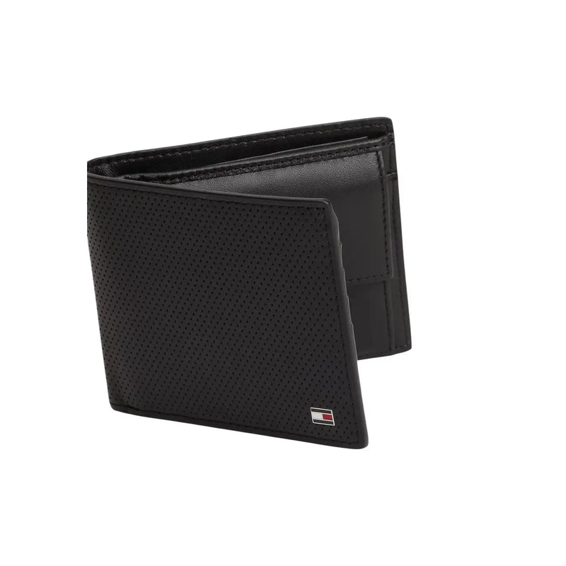 Schwarzes Portemonnaie aus perforiertem Leder mit kleinem Tommy Hilfiger Logo-Emblem, Größe B 11 x H 9,5 cm, für Herren
