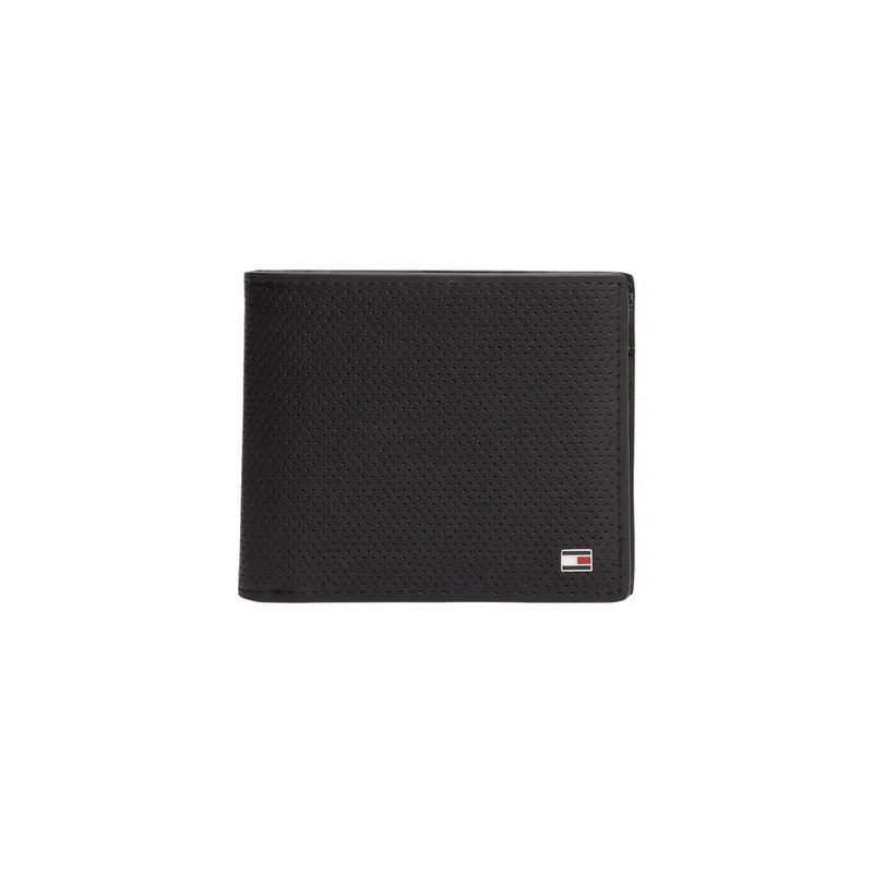 Schwarzes perforiertes Leder Tommy Hilfiger Herren-Geldbörse mit kleinem Logo, Maße: B 11 x H 9,5 cm