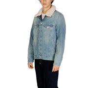 Tommy Hilfiger men light blue cotton blend blazer with light-wash denim and plush white shearling collar for fall winter
