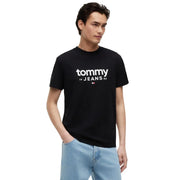 Tommy Hilfiger Schwarzes Herren-T-Shirt aus Bio-Baumwolle mit weißem Tommy 19 Jeans 85-Logo und Flaggenemblem auf der Vorderseite