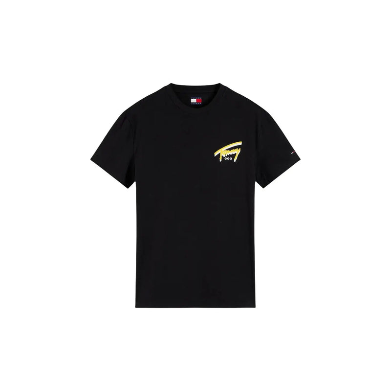 Schwarzes Tommy Hilfiger Herren-T-Shirt aus Bio-Baumwolle mit goldfoliengeprägtem Logo auf der linken Brust und passendem Kragenetikett.