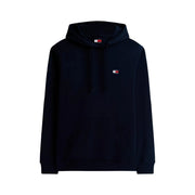 Black tommy hilfiger hoodie with small embroidered logo on chest and matching drawstring hood in organic cotton