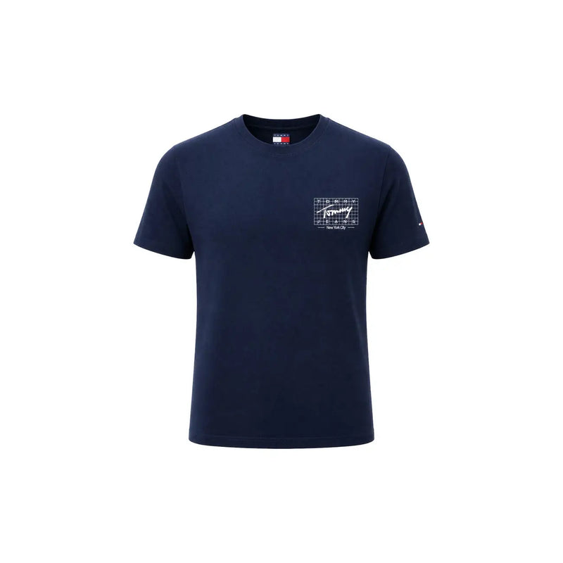 Marineblau Tommy Hilfiger Bio-Baumwolle für Männer t-shirt mit weißem, gitterförmigem Logo auf der Brust