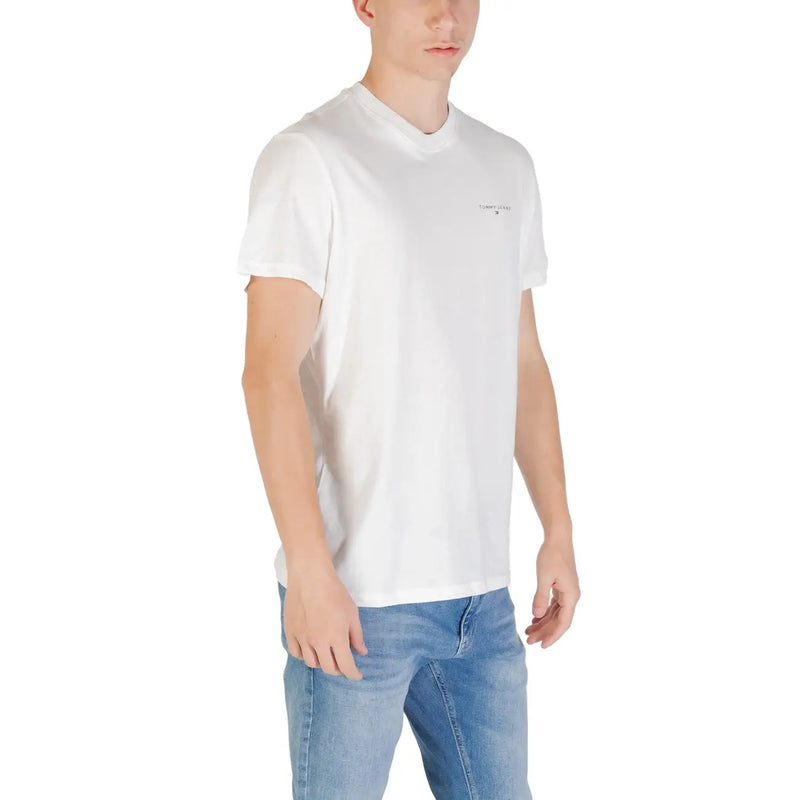 Tommy Hilfiger Beige Herren-T-Shirt aus Bio-Baumwolle mit weißen kurzen Ärmeln und dezentem Brustlogo