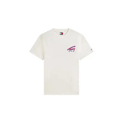 cremefarben Tommy Hilfiger Herren-T-Shirt aus Bio-Baumwolle mit auffälligem pink-lila Logo im Retro-Stil auf der Brust