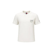 Cremefarbenes Tommy Hilfiger Herren-T-Shirt aus Bio-Baumwolle mit kurzen Ärmeln, dezentem Brustaufdruck und Ärmellogo