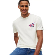 Cremefarbenes Tommy Hilfiger Herren-T-Shirt aus Bio-Baumwolle mit farbenfrohem Logo auf Brust und Ärmel in Weiß