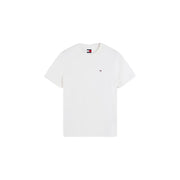 Tommy Hilfiger Weißes Herren-T-Shirt aus Bio-Baumwolle mit kleinem Logo auf der linken Brust und Markenetikett am Kragen.