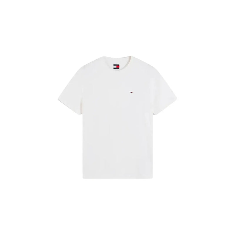 Tommy Hilfiger Weißes Herren-T-Shirt aus Bio-Baumwolle mit kleinem Logo auf der linken Brust und Markenetikett am Kragen.