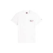 Tommy Hilfiger Weißes Herren-T-Shirt aus Bio-Baumwolle mit dezentem pink-schwarzem Logo auf der Brust