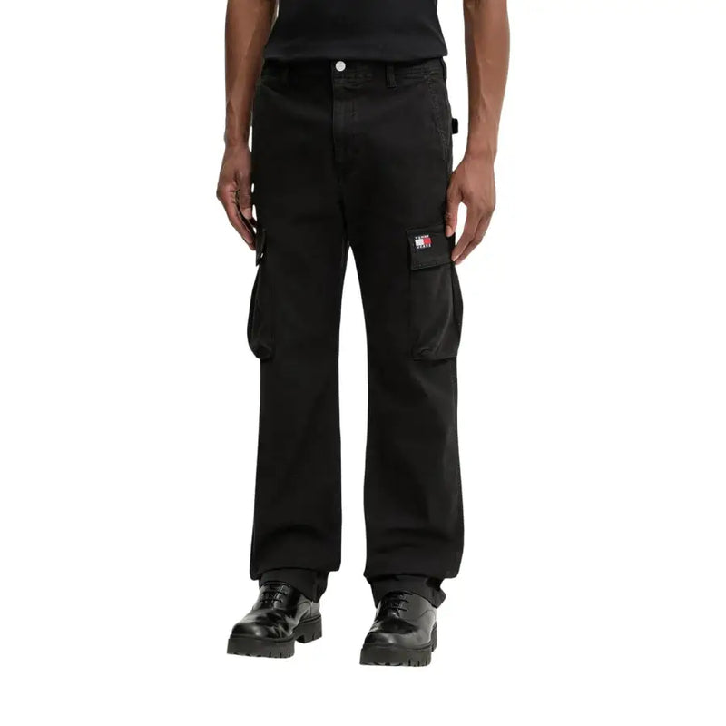 Tommy Hilfiger Schwarze Otis Herren-Cargohose aus Canvas mit Baumwoll-Lycra-Mischgewebe, mehreren Taschen und Logo-Patch am Oberschenkel