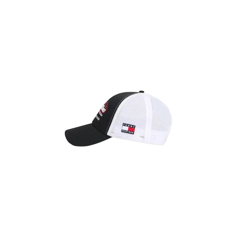 Schwarz-weißes Netz Tommy Hilfiger Herren-Truckerkappe mit rot-weiß-blauem Logo-Patch aus Bio-Baumwolle