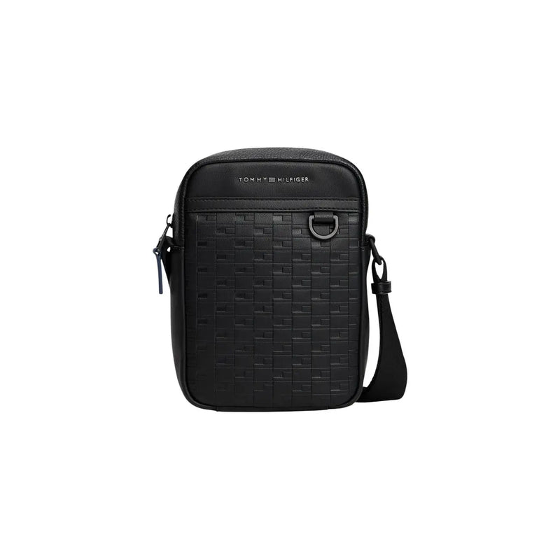 Schwarze Tommy Hilfiger Herren-Schultertasche aus strukturiertem, gewebtem Polyurethan mit elegantem, minimalistischem Crossbody-Design