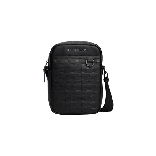 Schwarze Tommy Hilfiger Herren-Schultertasche aus strukturiertem, gewebtem Polyurethan mit elegantem, minimalistischem Crossbody-Design