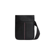 Tommy Hilfiger Schwarze Herren-Schultertasche aus genarbtem Leder mit Reißverschlusstasche und rot-weiß gestreiften Akzenten, 21 x 25 x 5 cm
