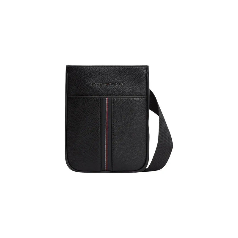 Tommy Hilfiger Schwarze Herren-Schultertasche aus genarbtem Leder mit Reißverschlusstasche und rot-weiß gestreiften Akzenten, 21 x 25 x 5 cm