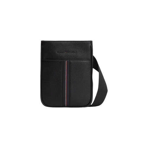 Tommy Hilfiger Schwarze Herren-Schultertasche aus genarbtem Leder mit Reißverschlusstasche und rot-weiß gestreiften Akzenten, 21 x 25 x 5 cm
