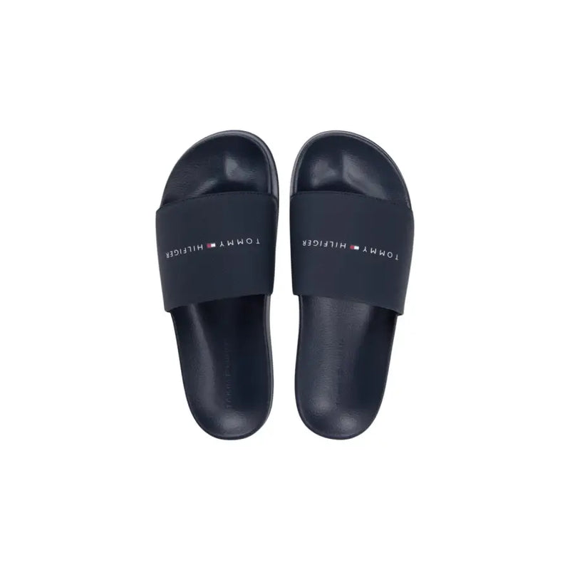 Marineblaue Tommy Hilfiger Herren-Slipper mit minimalistischem Logo-Riemen aus Polyurethan, offene Zehen-Sandalen