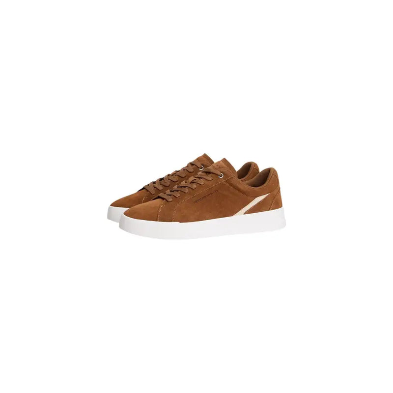 Tommy Hilfiger Herren-Sneaker, beige Wildleder, niedrigtop Schuhe mit weißer Gummisohle und beigem Seitenstreifen für Herbst und Winter