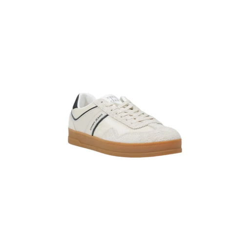 Tommy Hilfiger Weiße Herren-Sneaker aus Leder mit schwarzen Akzenten und hellbrauner Gummisohle im klassischen Design