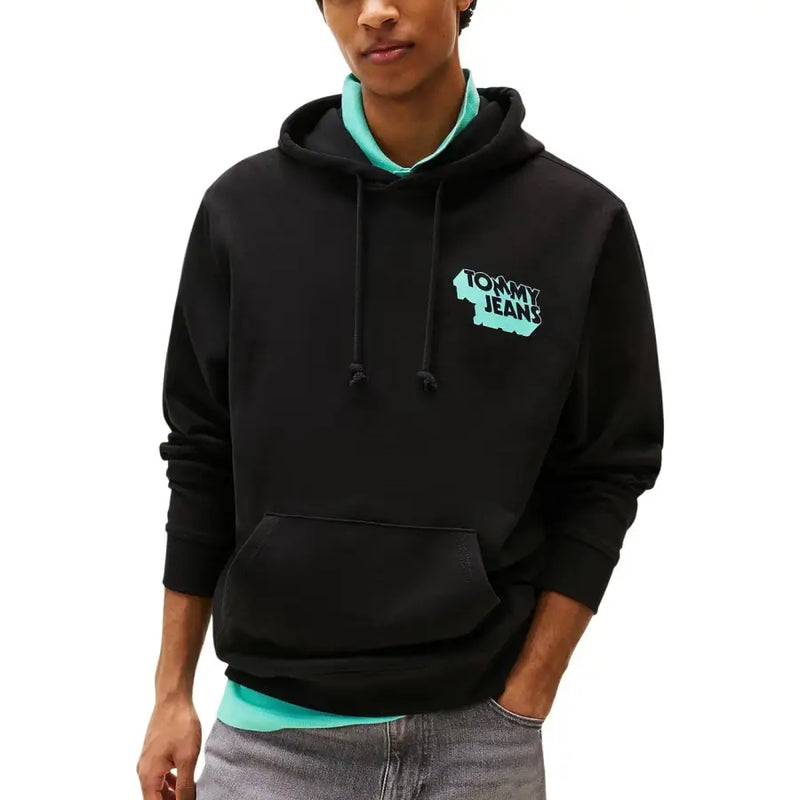 Tommy Hilfiger Herren-Sweatshirt, schwarzer Hoodie aus Bio-Baumwolle mit türkisfarbenem Innenfutter und passendem Brustlogo