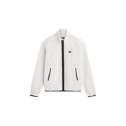 Tommy Hilfiger Weiße Herren-Fleecejacke mit Kapuze, schwarzem Reißverschluss und Besatz aus Polyester.