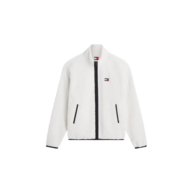 Tommy Hilfiger Weiße Herren-Fleecejacke mit Kapuze, schwarzem Reißverschluss und Besatz aus Polyester.