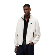 Weiße, flauschige Fleecejacke mit schwarzem Reißverschluss und Besatz, Tommy Hilfiger Logo auf der linken Brust, aus Polyester