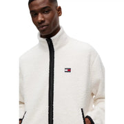 Tommy Hilfiger Weiße Herren-Fleecejacke mit schwarzem Reißverschluss und Logo-Aufnäher aus Polyestergewebe