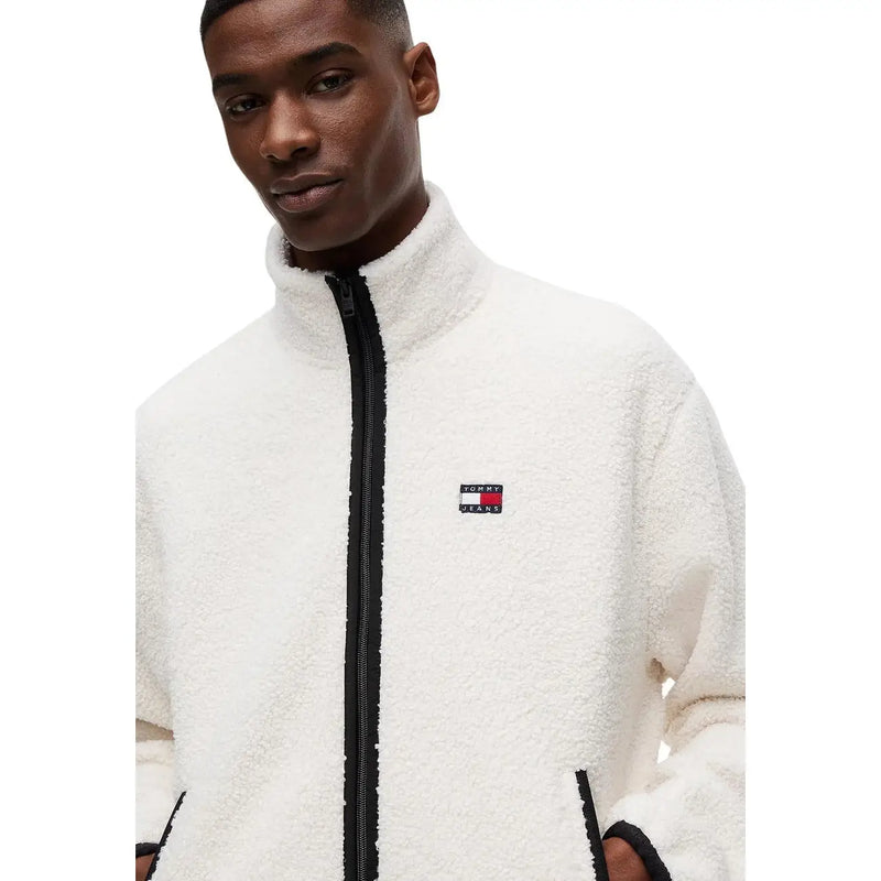 Tommy Hilfiger Weiße Herren-Fleecejacke mit schwarzem Reißverschluss und Logo-Aufnäher aus Polyestergewebe