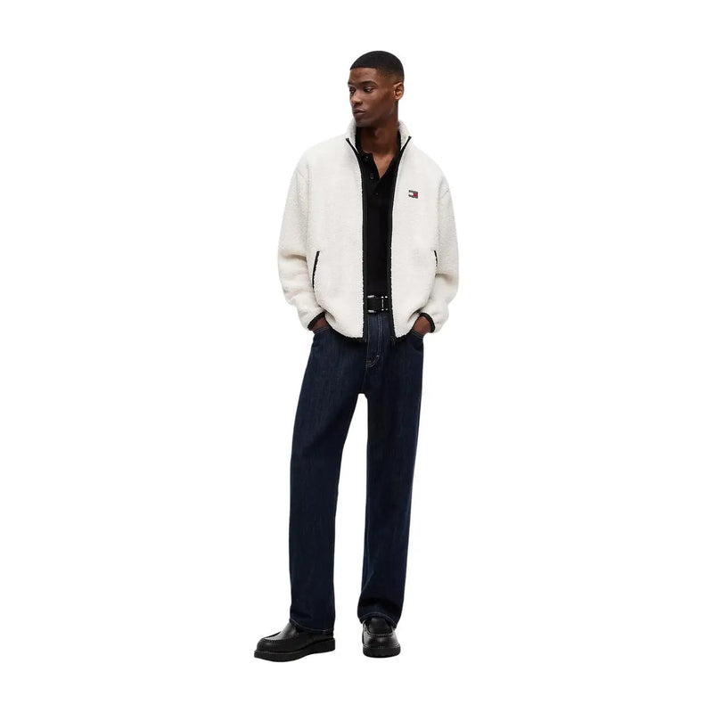 Tommy Hilfiger Weiße Herren-Sweatshirt-Kapuzenjacke aus Polyester mit Reißverschluss, weißem Shearling-Futter und Logo auf der linken Brust.