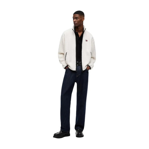 Tommy Hilfiger Weiße Herren-Sweatshirt-Kapuzenjacke aus Polyester mit Reißverschluss, weißem Shearling-Futter und Logo auf der linken Brust.