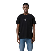 Tommy Hilfiger Jeans men t-shirt black short-sleeved with white new york city graphic and gray vertical stripe on chest