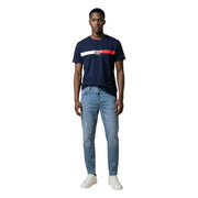Navy blue cotton Tommy Hilfiger Jeans men t-shirt with white and red horizontal stripe across the chest
