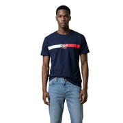 Navy blue cotton Tommy Hilfiger Jeans men t-shirt with white and red chest stripe featuring brand logo