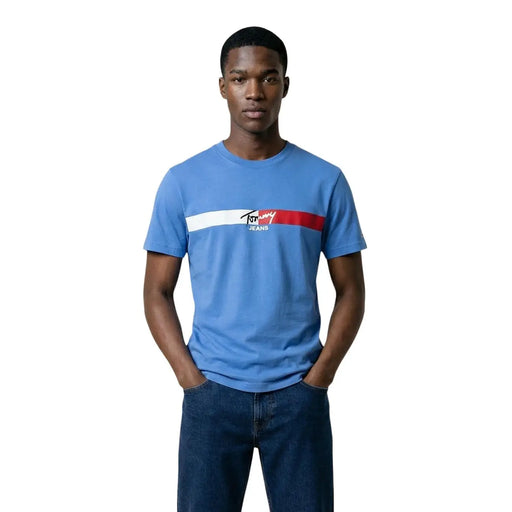 Tommy Hilfiger men t-shirt blue organic cotton with white and red horizontal stripe and brand logo on chest