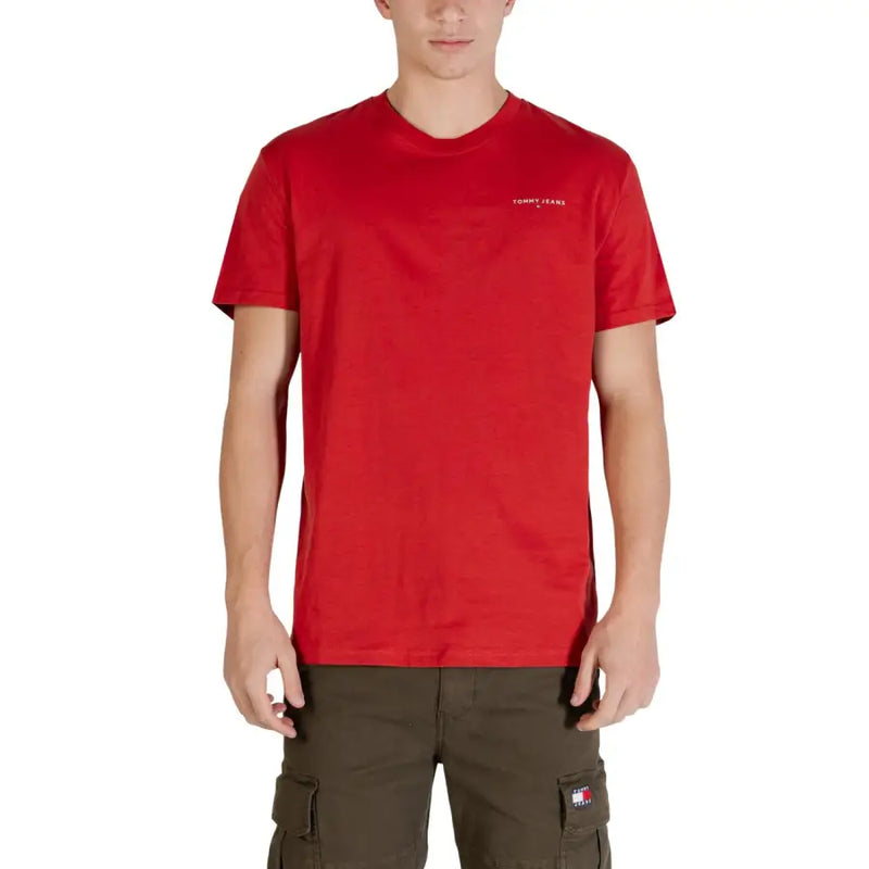 Tommy Hilfiger Rotes, schmal geschnittenes Herren-T-Shirt mit kleinem weißen Logo aus Bio-Baumwolle in Kamelhaarfarbe