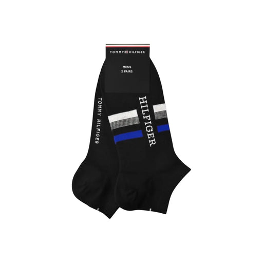 Black tommy hilfiger men’s ankle socks with white and blue stripes and vertical brand name print for casual wear