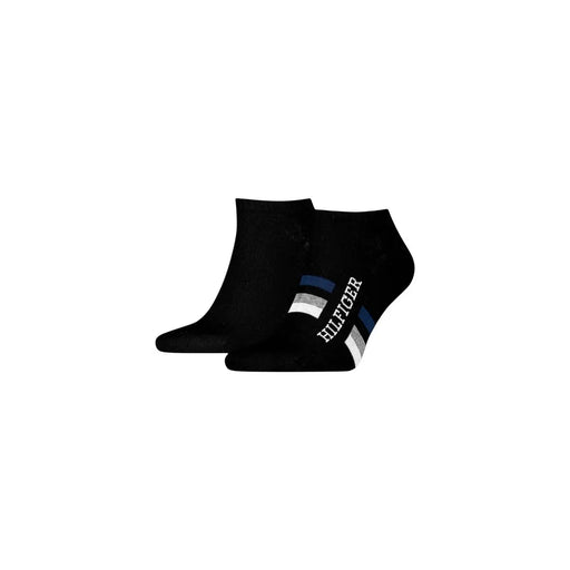Black tommy hilfiger ankle socks with striped white and navy blue logo for men underwear collection