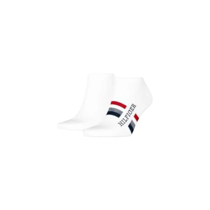 White Tommy Hilfiger men ankle socks featuring a red navy and gray striped logo on the side for underwear use