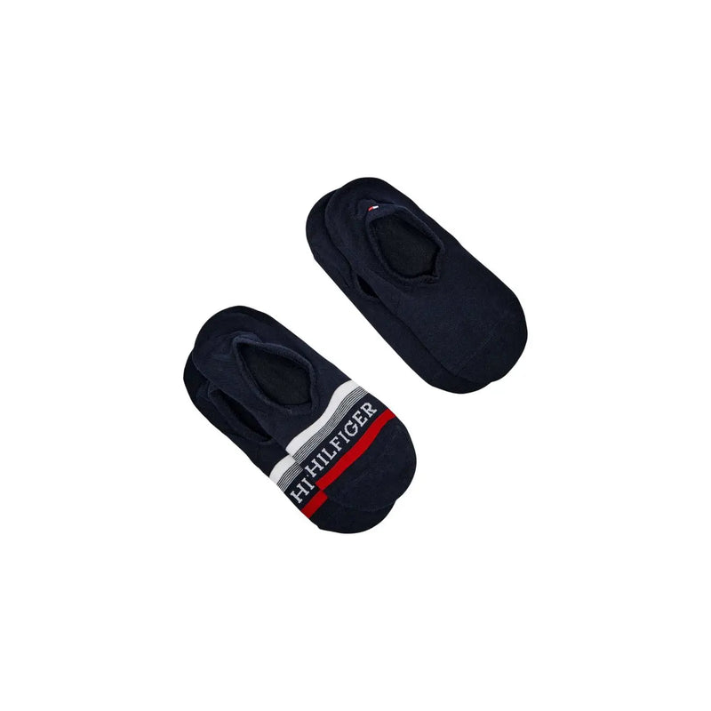 Navy blue Tommy Hilfiger men no-show socks with white and red striped band featuring brand logo